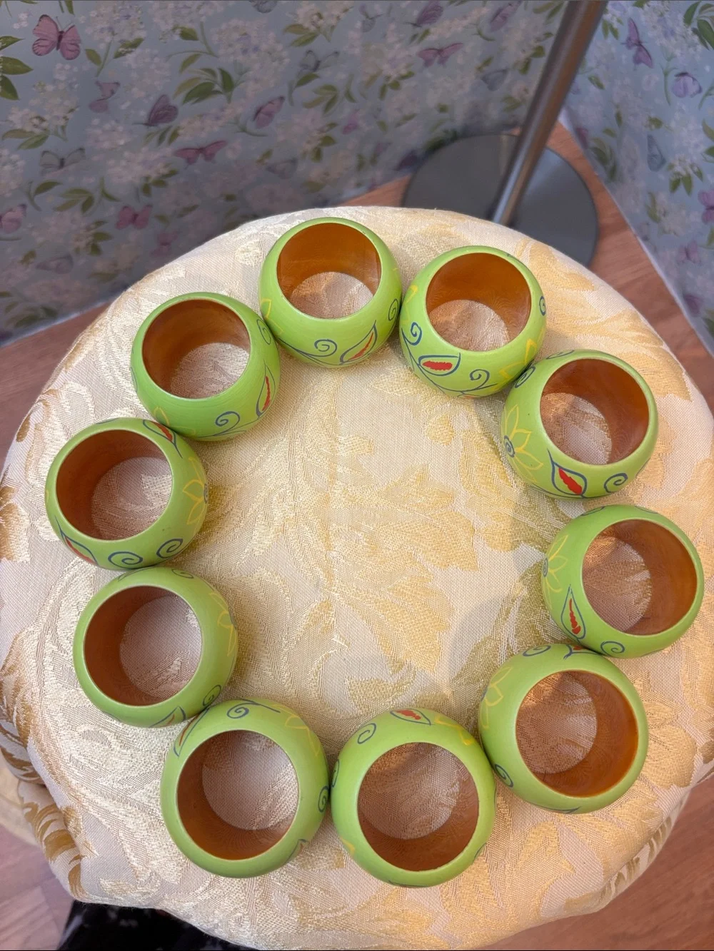 Vintage Folk Art Hand-Painted Lime Green Wooden Napkin Rings.